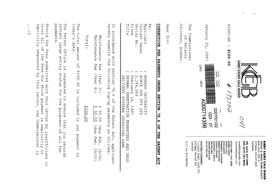 Document de brevet canadien 2244089. Poursuite-Amendment 20070122. Image 1 de 2