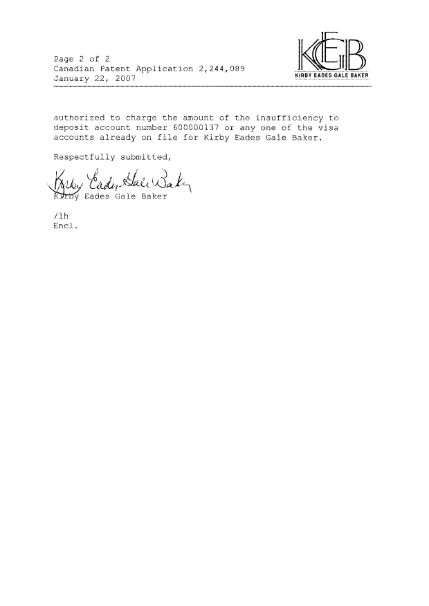 Document de brevet canadien 2244089. Poursuite-Amendment 20070122. Image 2 de 2