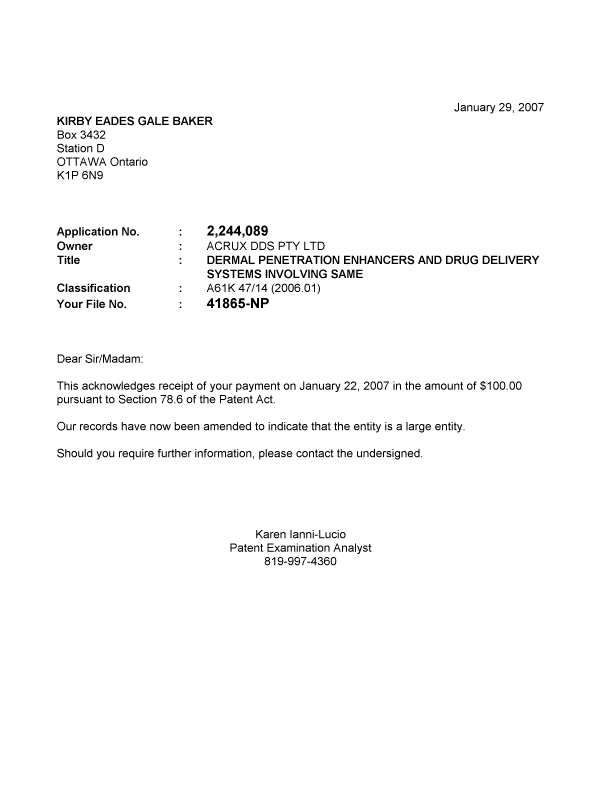 Canadian Patent Document 2244089. Correspondence 20070129. Image 1 of 1