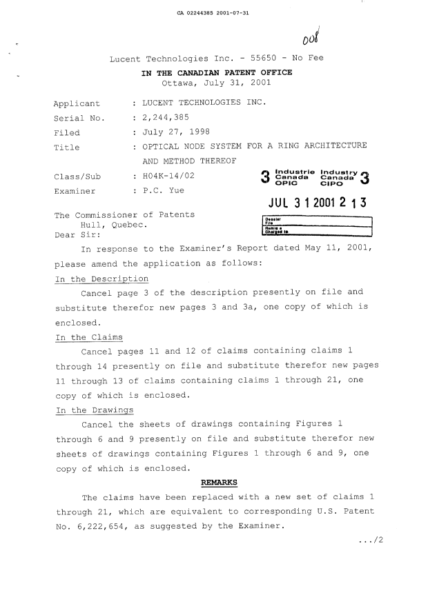 Document de brevet canadien 2244385. Poursuite-Amendment 20010731. Image 1 de 12