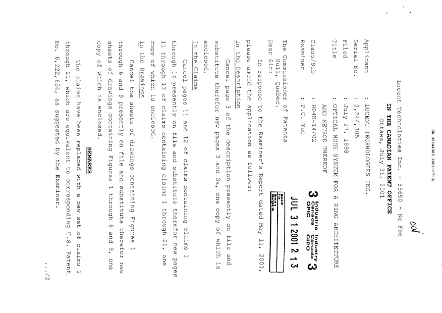 Canadian Patent Document 2244385. Prosecution-Amendment 20010731. Image 1 of 12