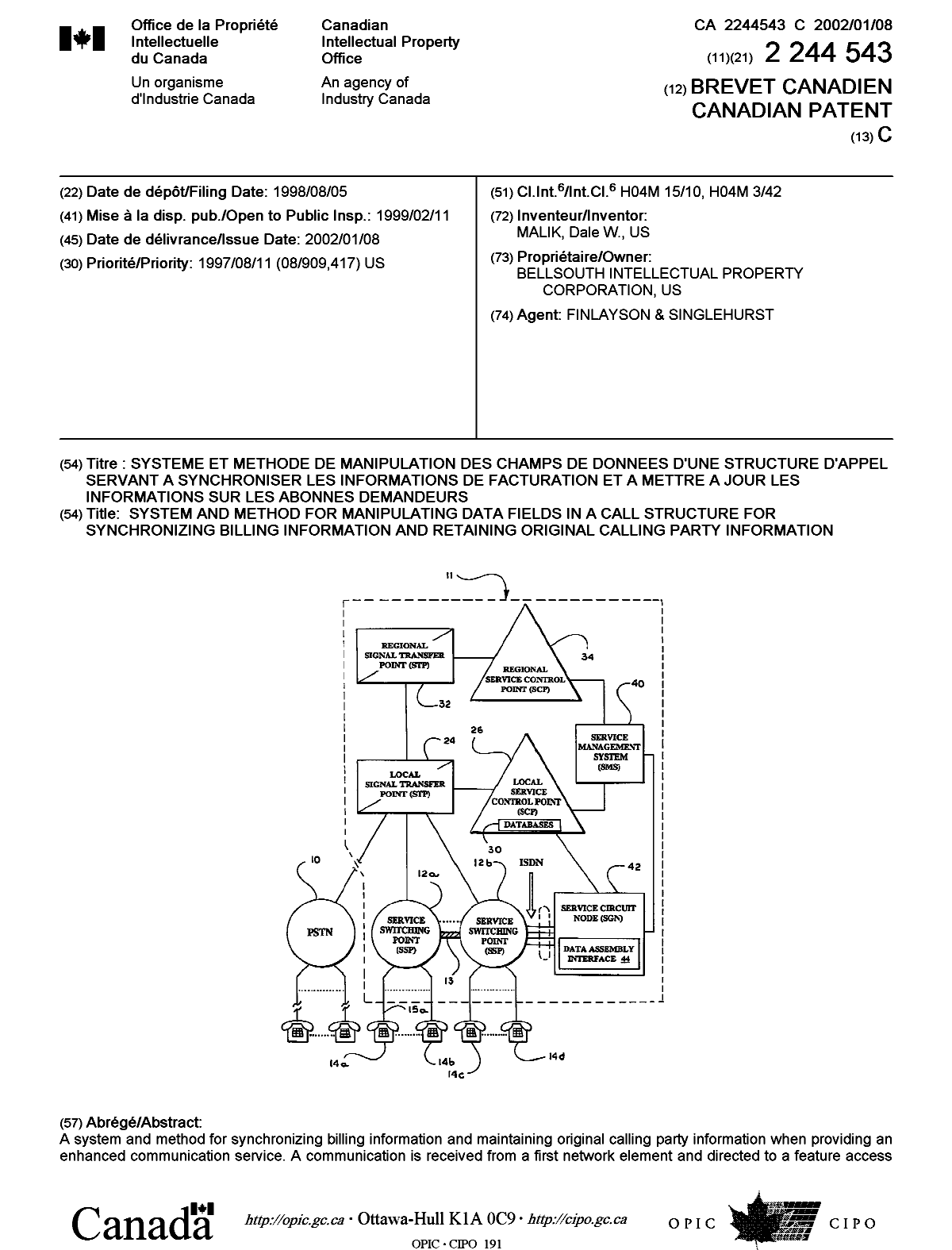 Document de brevet canadien 2244543. Page couverture 20011204. Image 1 de 2