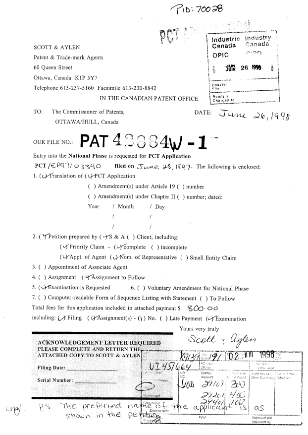 Document de brevet canadien 2244995. Cession 19980626. Image 1 de 6
