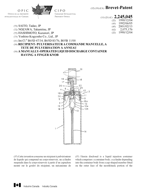Canadian Patent Document 2245045. Cover Page 20010118. Image 1 of 2