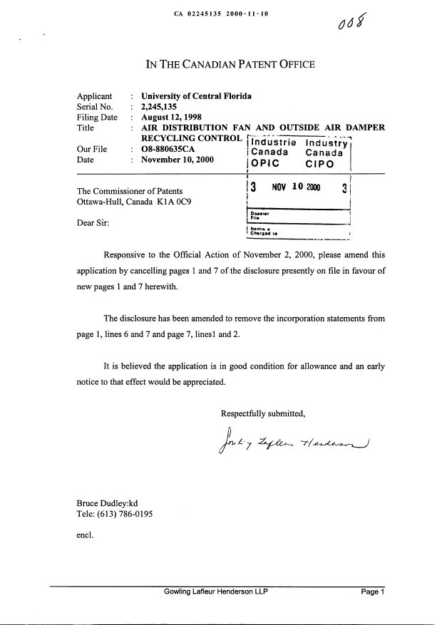Canadian Patent Document 2245135. Prosecution-Amendment 19991210. Image 1 of 3