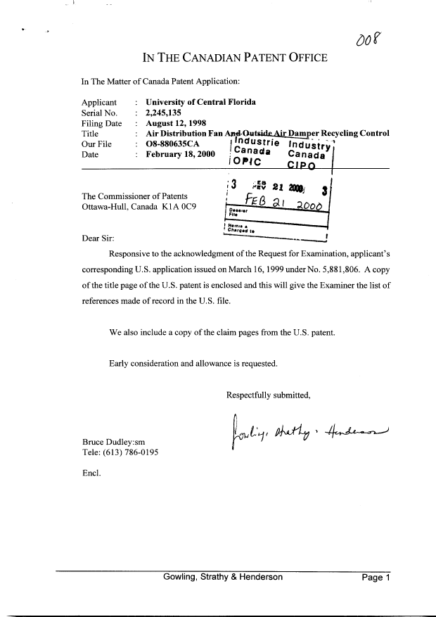 Canadian Patent Document 2245135. Prosecution-Amendment 19991221. Image 1 of 4
