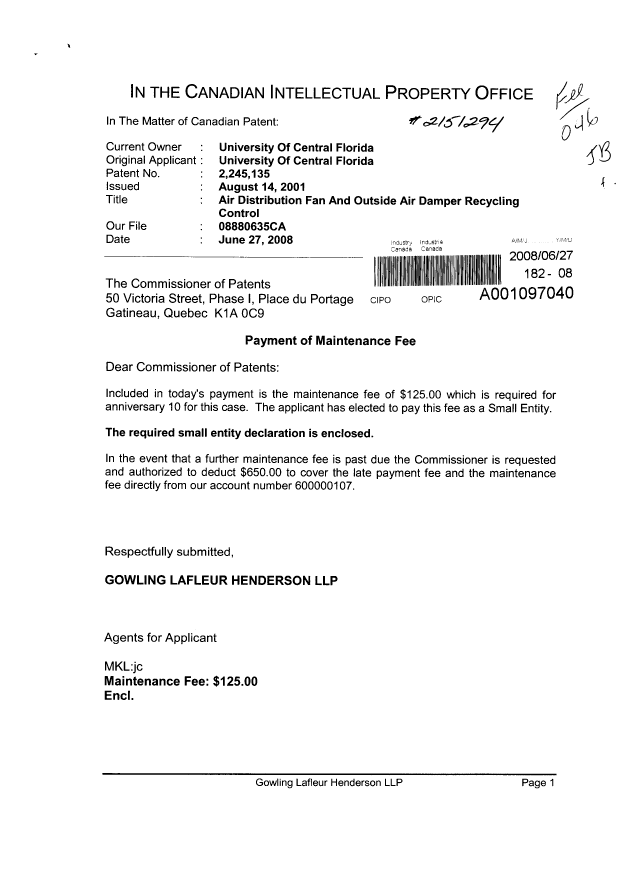 Canadian Patent Document 2245135. Fees 20071227. Image 1 of 2