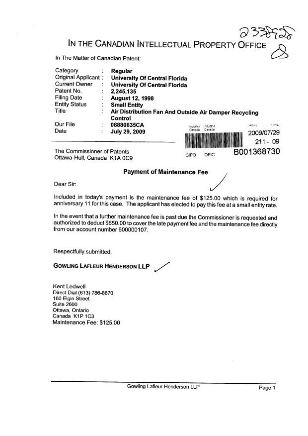 Canadian Patent Document 2245135. Fees 20081229. Image 1 of 1