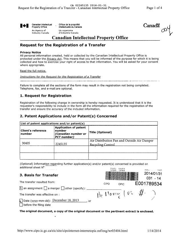 Document de brevet canadien 2245135. Cession 20131231. Image 1 de 7
