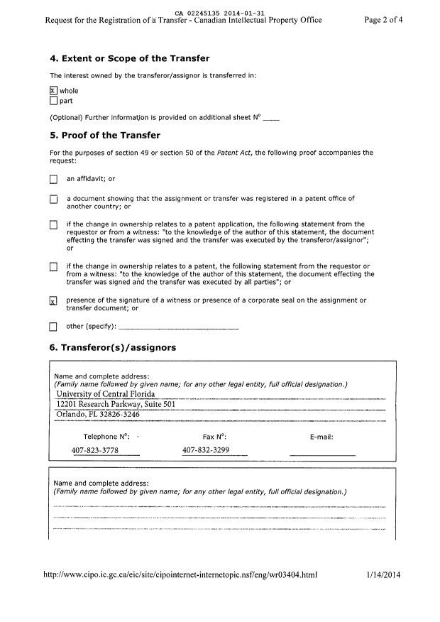 Document de brevet canadien 2245135. Cession 20131231. Image 2 de 7