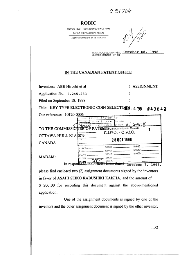 Document de brevet canadien 2245283. Correspondance 19981028. Image 1 de 2