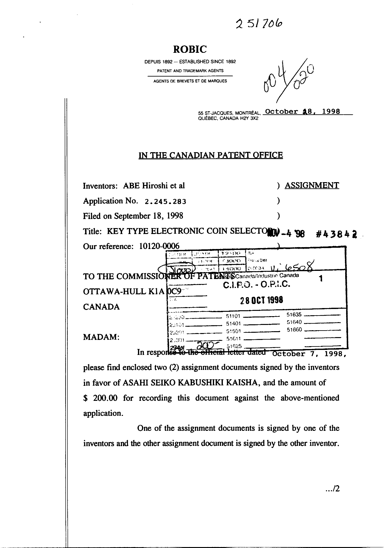 Canadian Patent Document 2245283. Correspondence 19981028. Image 1 of 2