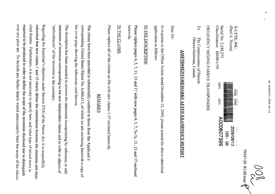 Canadian Patent Document 2245373. Prosecution-Amendment 20060613. Image 1 of 19
