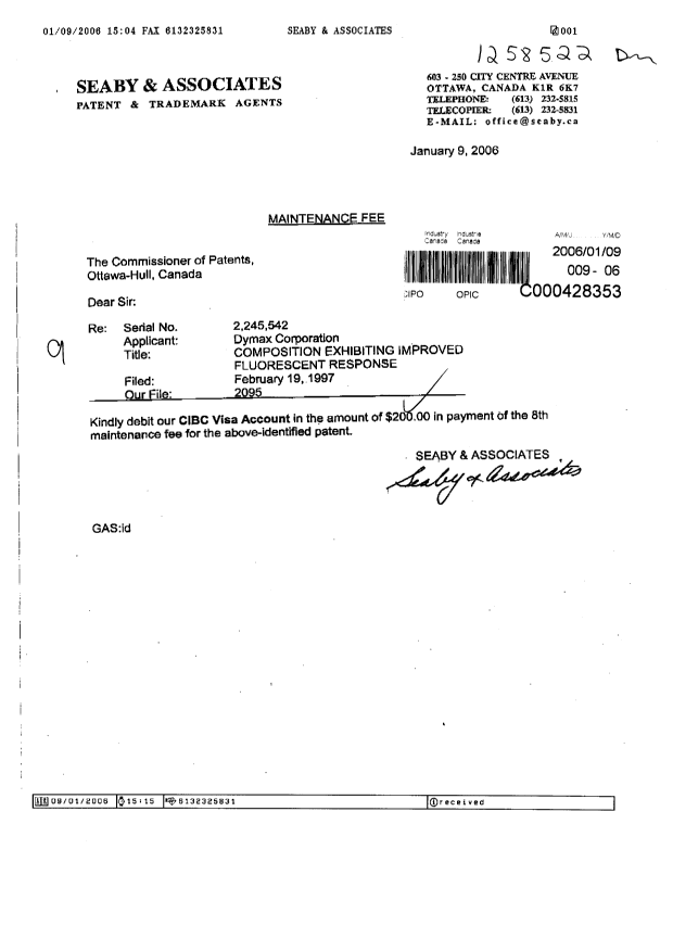 Canadian Patent Document 2245542. Fees 20060109. Image 1 of 1