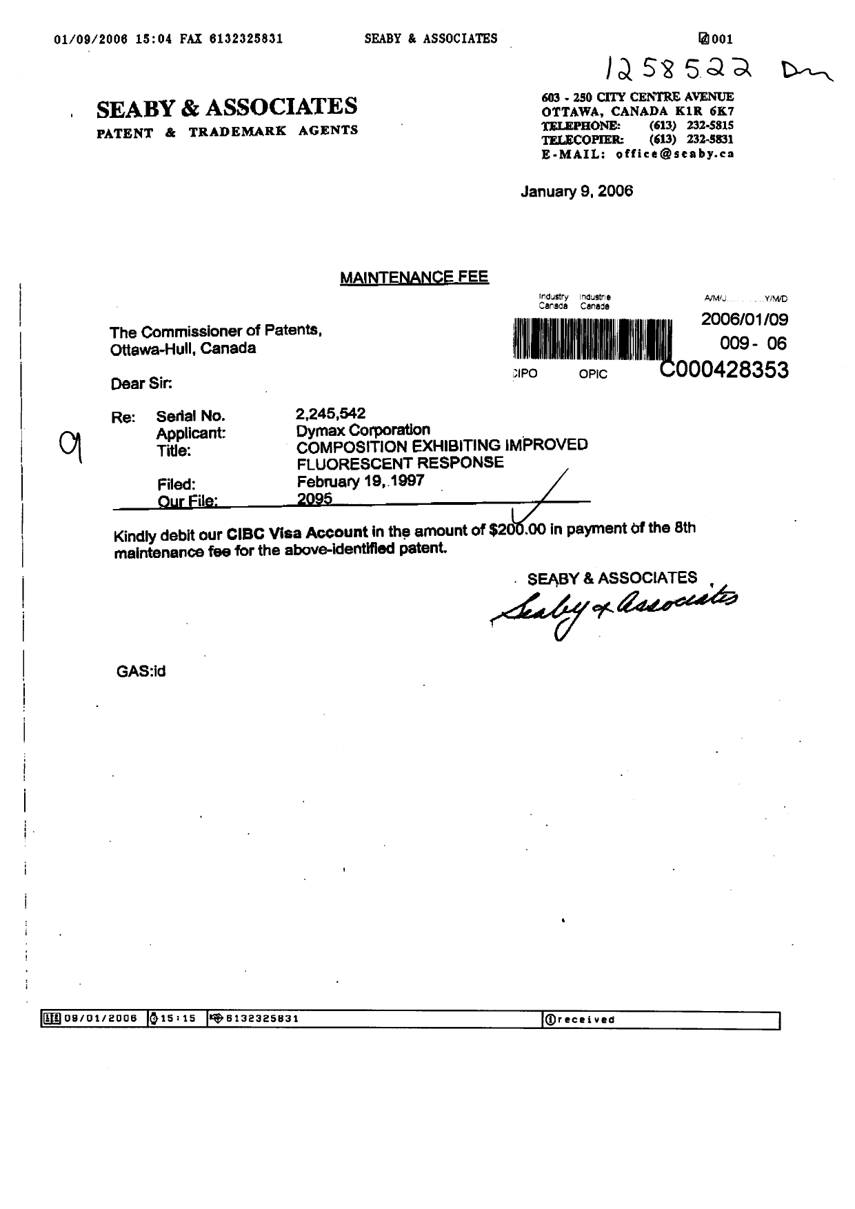 Canadian Patent Document 2245542. Fees 20060109. Image 1 of 1