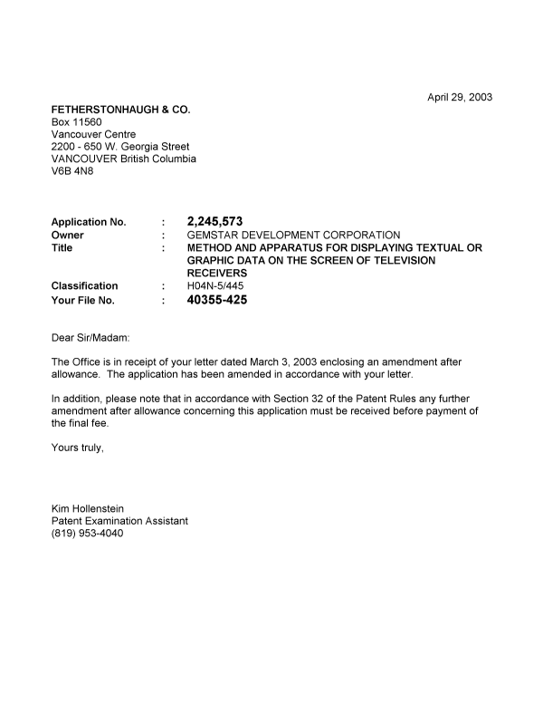 Canadian Patent Document 2245573. Correspondence 20021229. Image 1 of 1