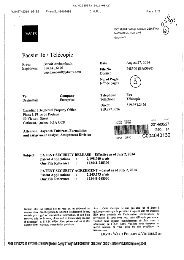 Canadian Patent Document 2245573. Correspondence 20131227. Image 1 of 3