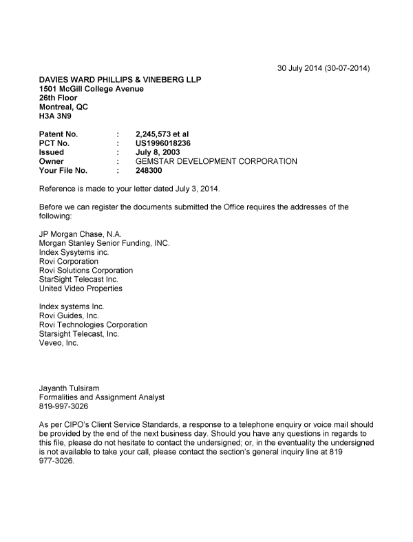 Canadian Patent Document 2245573. Correspondence 20131230. Image 1 of 1