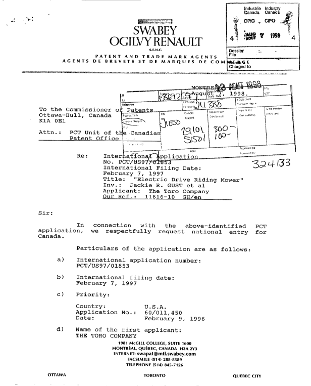 Document de brevet canadien 2245772. Cession 19980807. Image 1 de 3