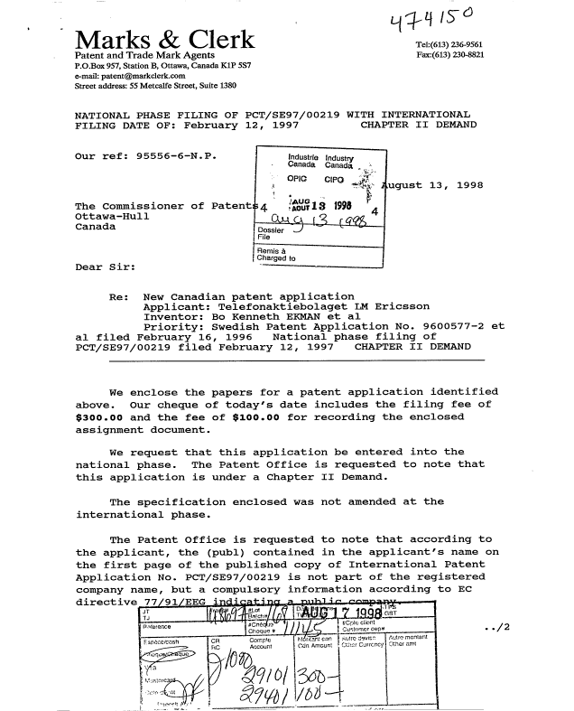Document de brevet canadien 2245878. Cession 19980813. Image 1 de 4