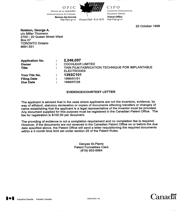 Document de brevet canadien 2246057. Correspondance 19981020. Image 1 de 1