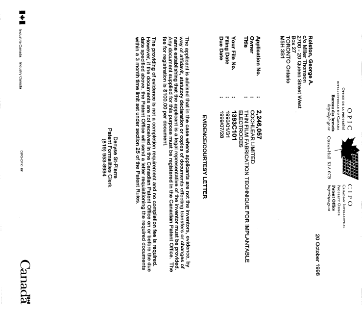 Canadian Patent Document 2246057. Correspondence 19981020. Image 1 of 1