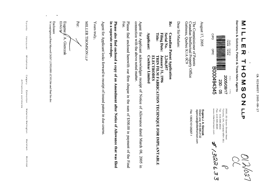Canadian Patent Document 2246057. Prosecution-Amendment 20050817. Image 1 of 7