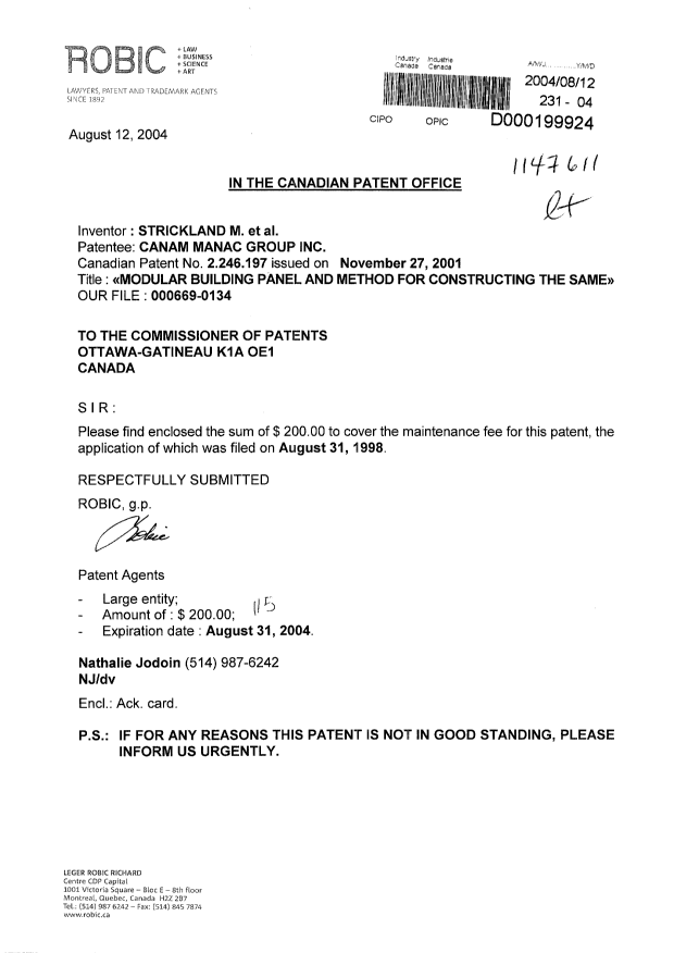 Document de brevet canadien 2246197. Taxes 20040812. Image 1 de 1