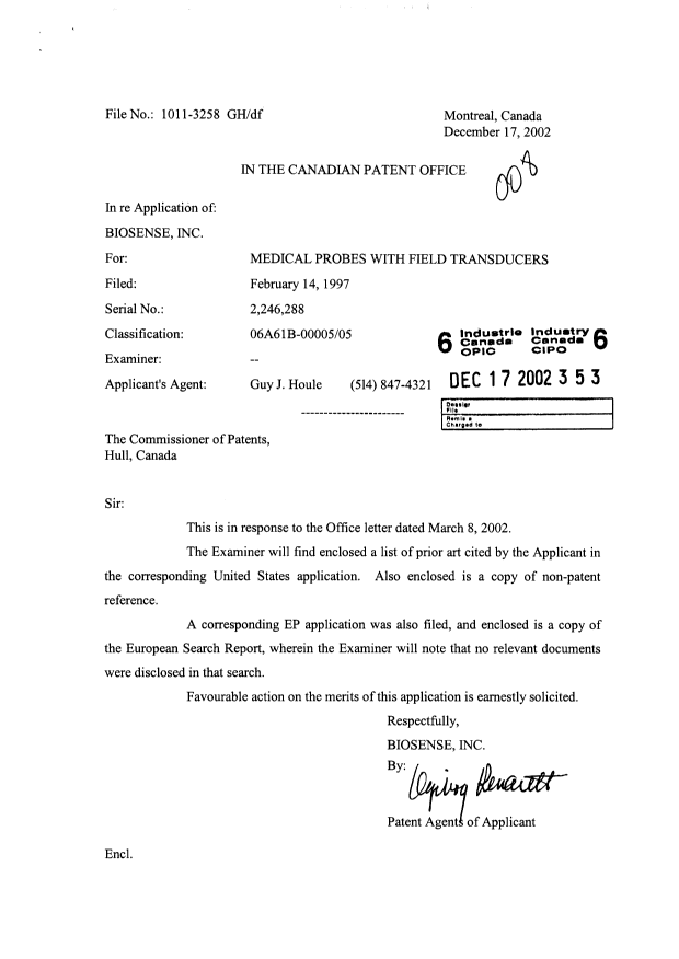 Canadian Patent Document 2246288. Prosecution-Amendment 20011217. Image 1 of 1