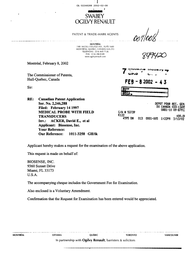 Document de brevet canadien 2246288. Poursuite-Amendment 20020208. Image 1 de 9