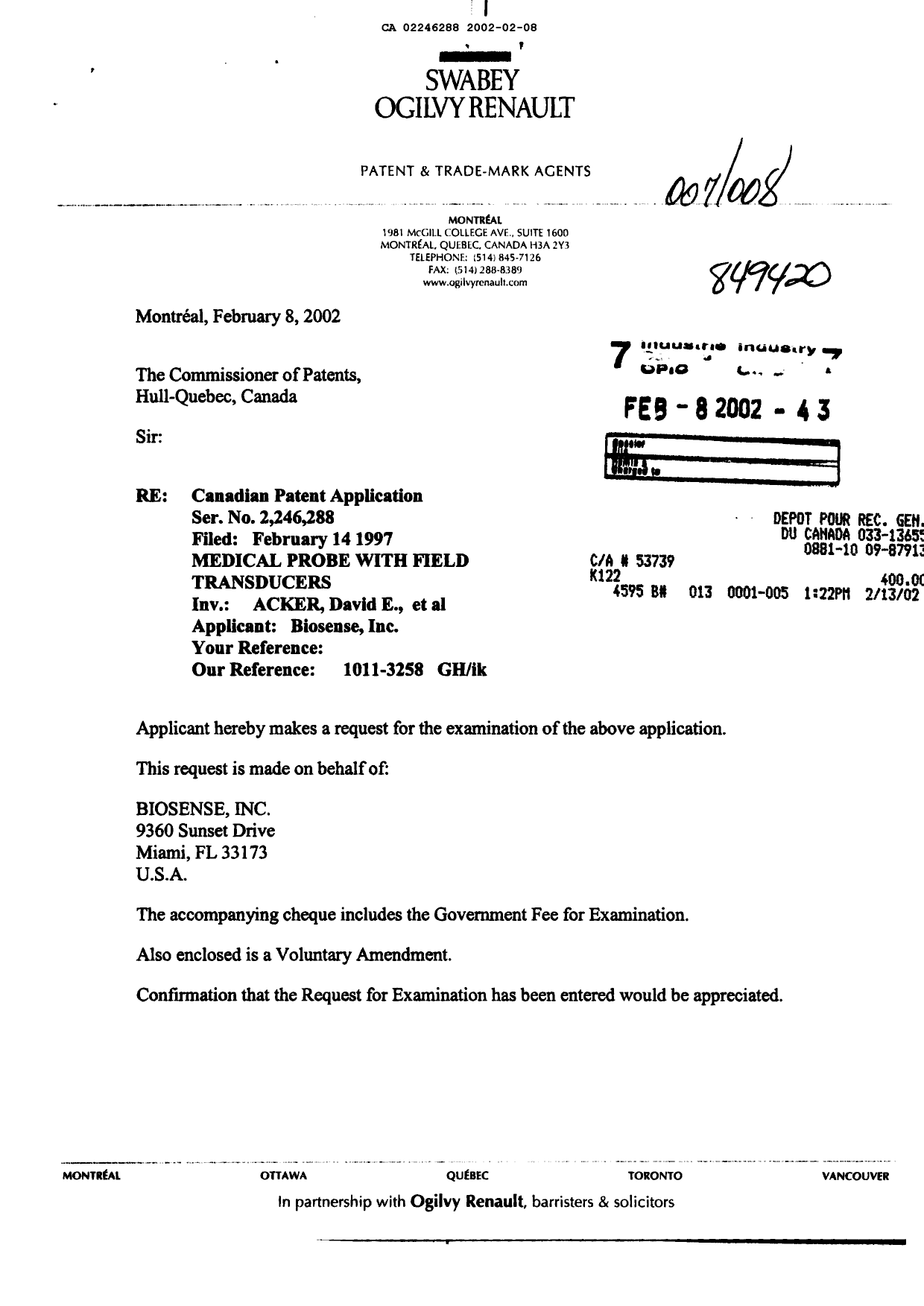 Canadian Patent Document 2246288. Prosecution-Amendment 20020208. Image 1 of 9