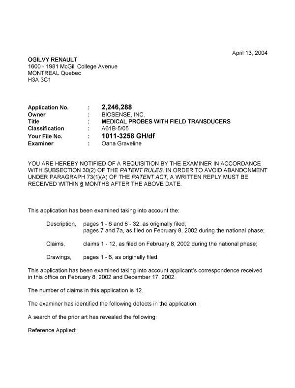 Canadian Patent Document 2246288. Prosecution-Amendment 20031213. Image 1 of 3