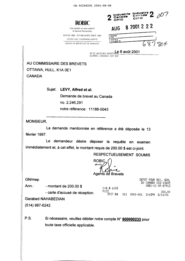 Canadian Patent Document 2246291. Prosecution-Amendment 20010808. Image 1 of 1