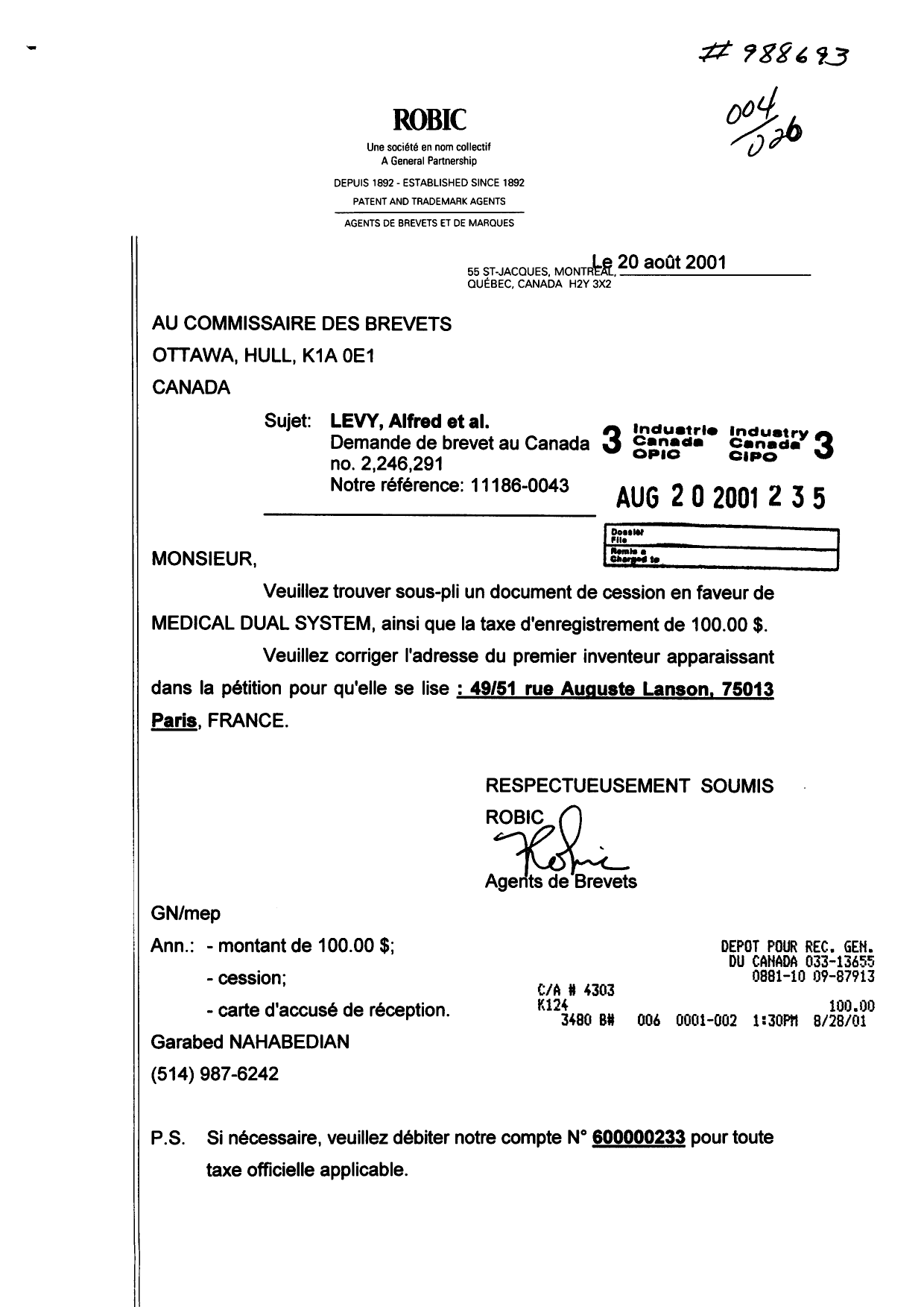 Document de brevet canadien 2246291. Cession 20010820. Image 1 de 2