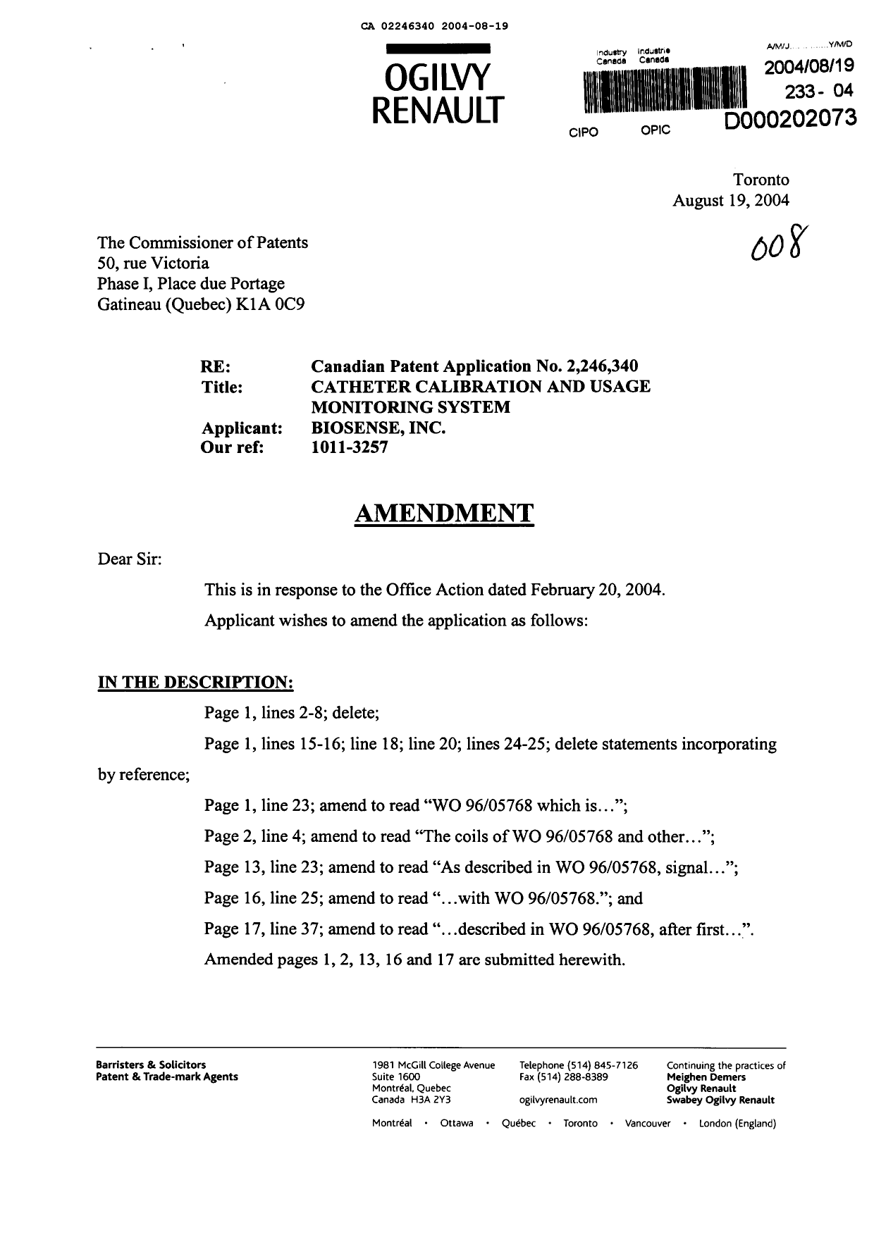 Canadian Patent Document 2246340. Prosecution-Amendment 20040819. Image 1 of 14