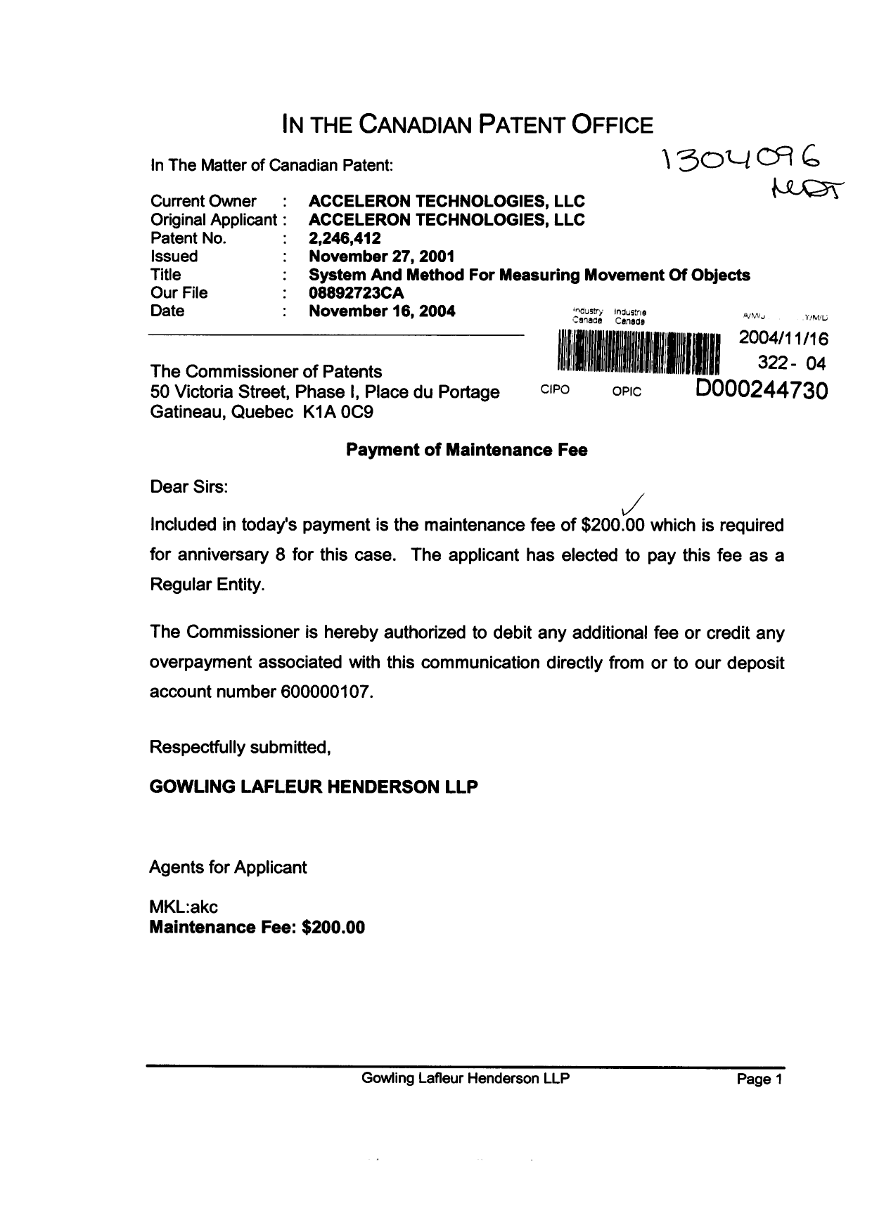 Document de brevet canadien 2246412. Taxes 20031216. Image 1 de 1