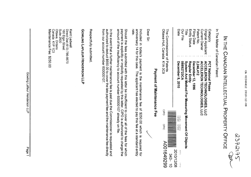 Document de brevet canadien 2246412. Taxes 20091208. Image 1 de 1