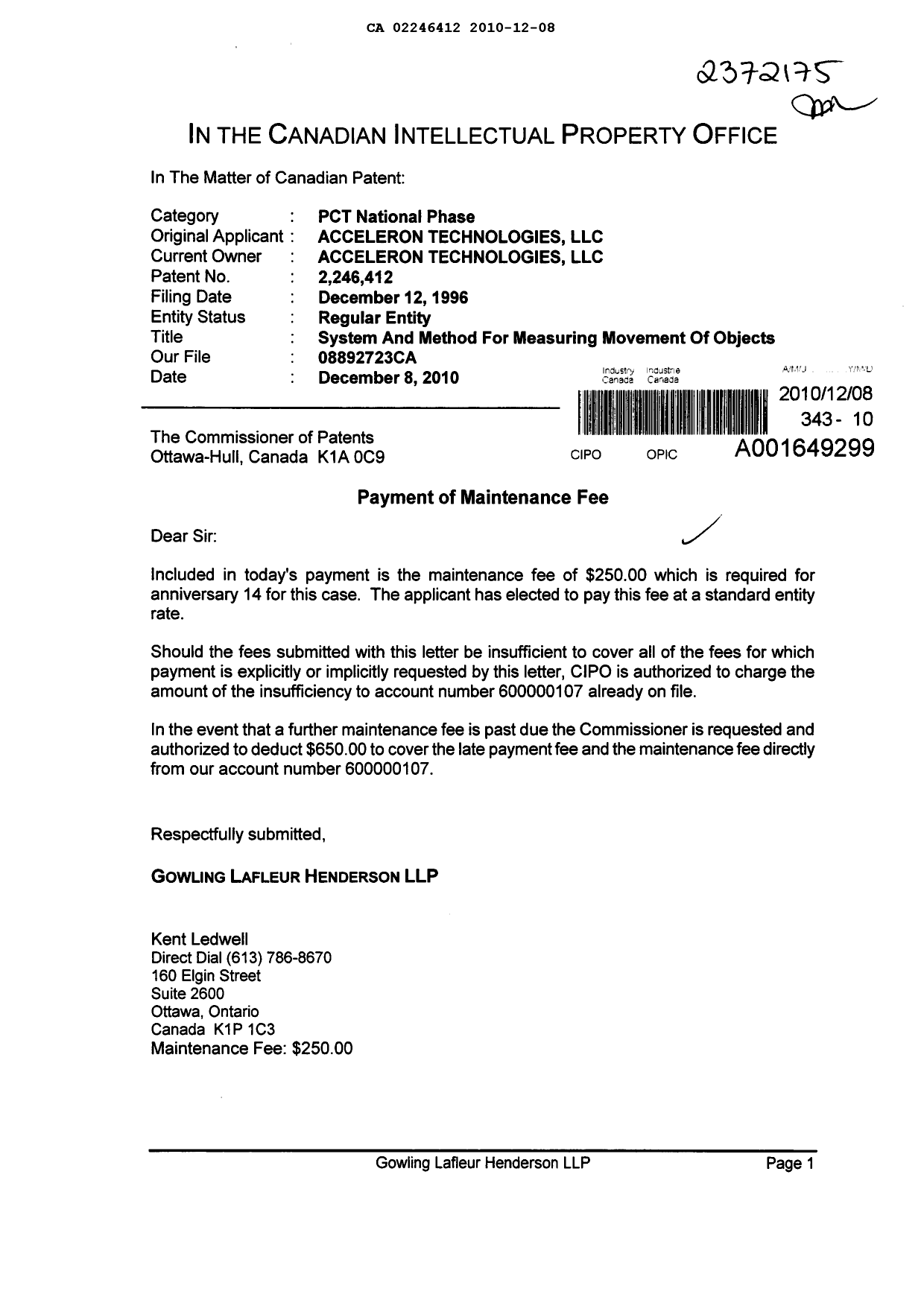 Document de brevet canadien 2246412. Taxes 20091208. Image 1 de 1