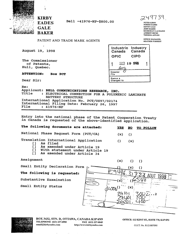Canadian Patent Document 2246693. Assignment 19980819. Image 1 of 6