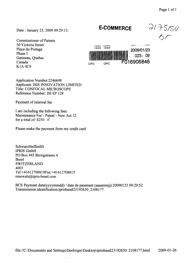 Document de brevet canadien 2246698. Taxes 20090123. Image 1 de 1