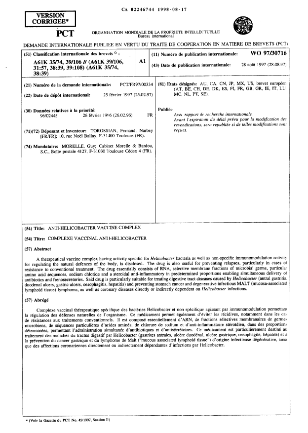 Canadian Patent Document 2246744. Abstract 19980817. Image 1 of 1