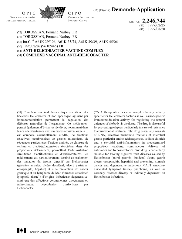 Document de brevet canadien 2246744. Page couverture 19981203. Image 1 de 1