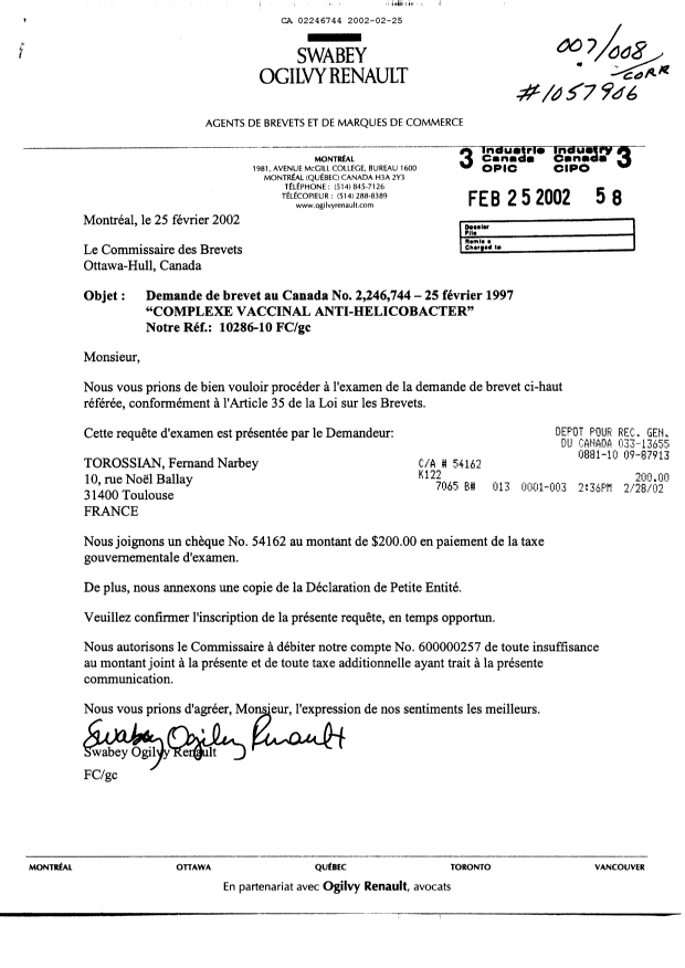 Canadian Patent Document 2246744. Prosecution-Amendment 20020225. Image 1 of 2