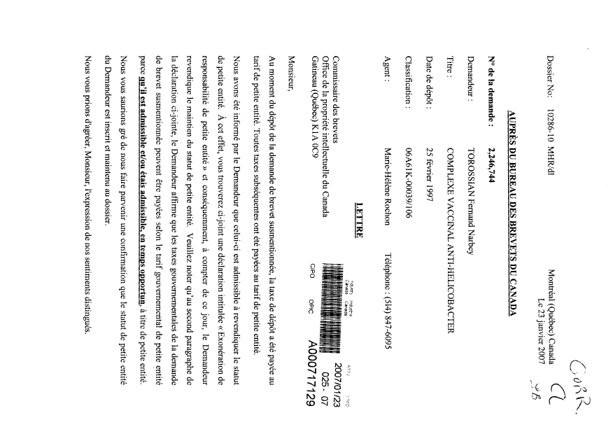 Canadian Patent Document 2246744. Correspondence 20070123. Image 1 of 3
