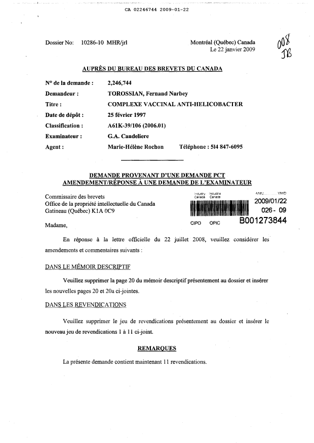 Canadian Patent Document 2246744. Prosecution-Amendment 20090122. Image 1 of 7