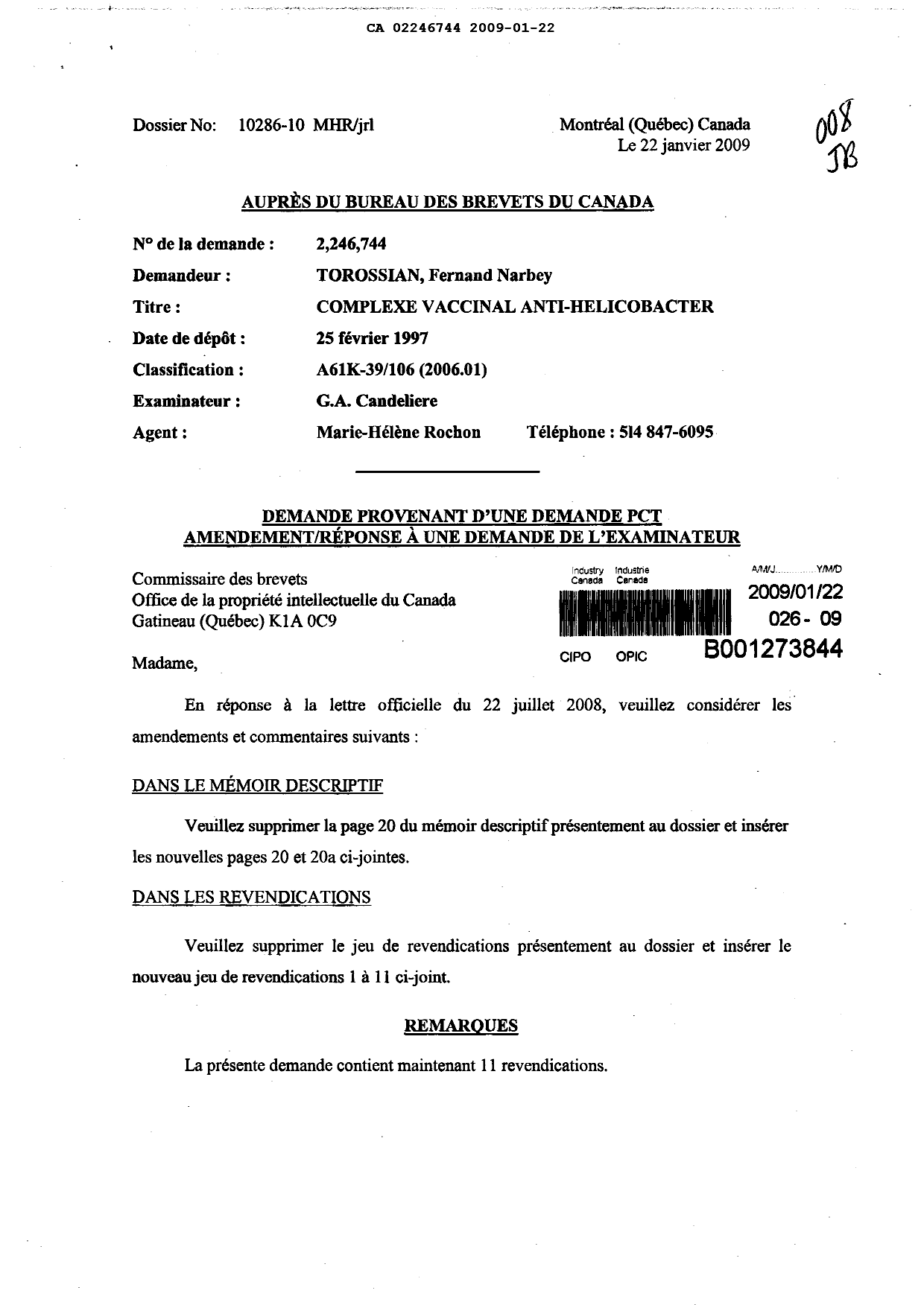 Canadian Patent Document 2246744. Prosecution-Amendment 20090122. Image 1 of 7