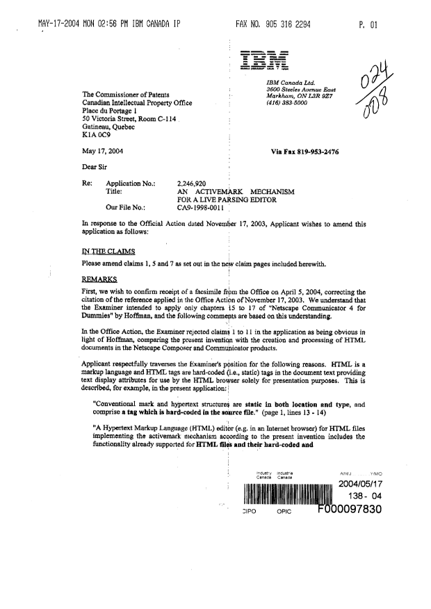 Canadian Patent Document 2246920. Correspondence 20031217. Image 1 of 6