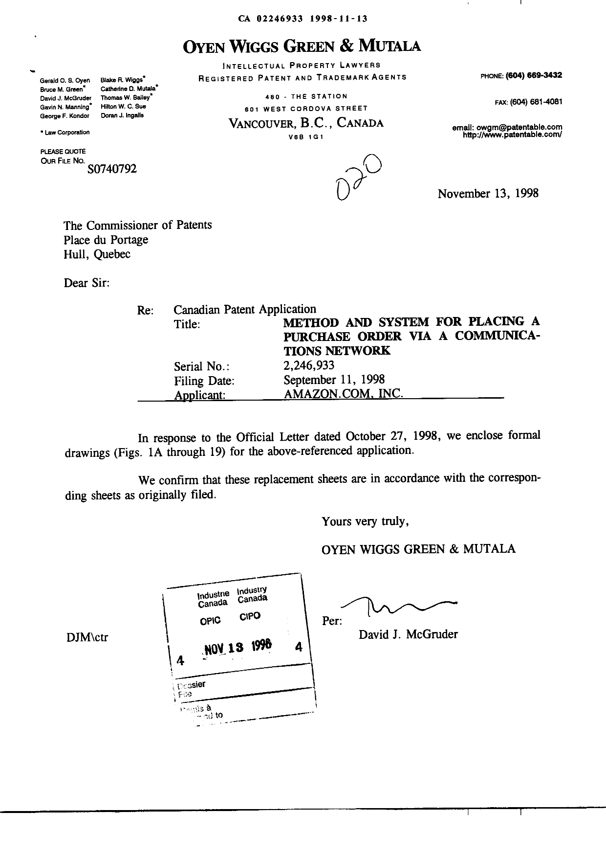 Document de brevet canadien 2246933. Correspondance 19971213. Image 1 de 24