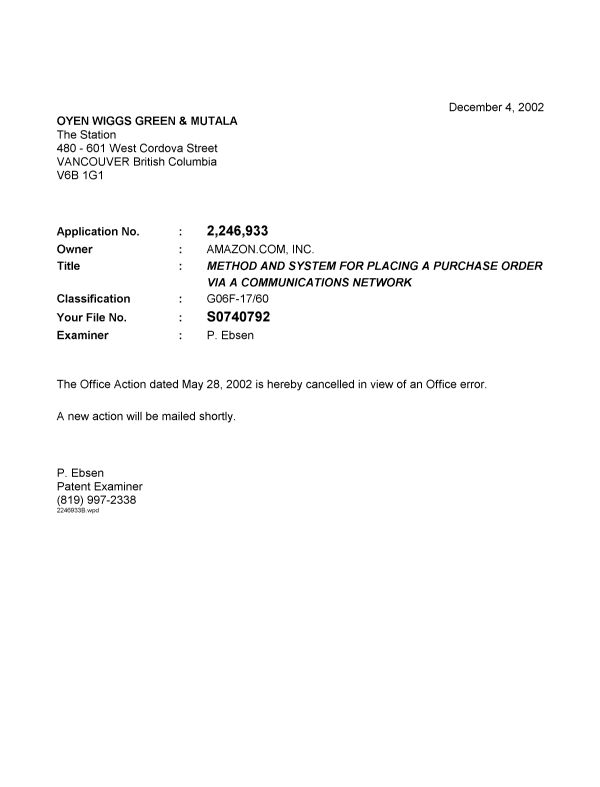Document de brevet canadien 2246933. Correspondance 20011204. Image 1 de 1