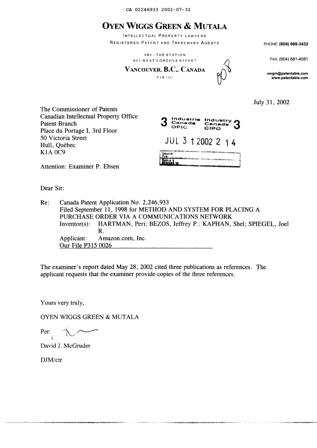 Document de brevet canadien 2246933. Poursuite-Amendment 20011231. Image 1 de 1